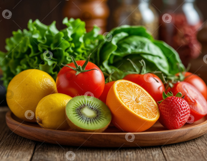 Скачать Полезные продукты, витамины и фрукты. Создано с помощью искусственного интеллекта фотосток Ozero