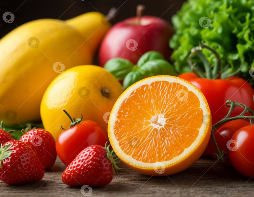 Скачать Полезные продукты, витамины и фрукты. Создано с помощью искусственного интеллекта фотосток Ozero