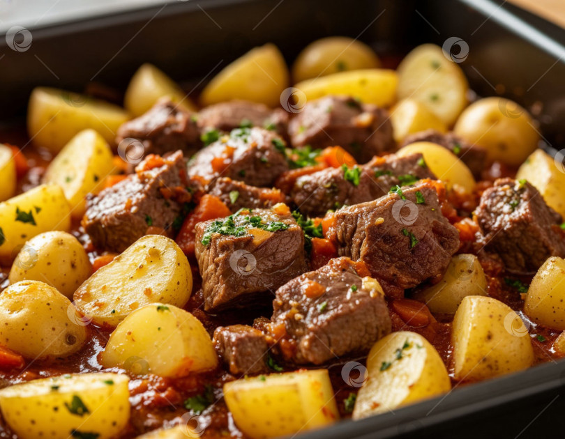 Скачать Картофель, тушеный с мясом на противне. Создан искусственный интеллект фотосток Ozero