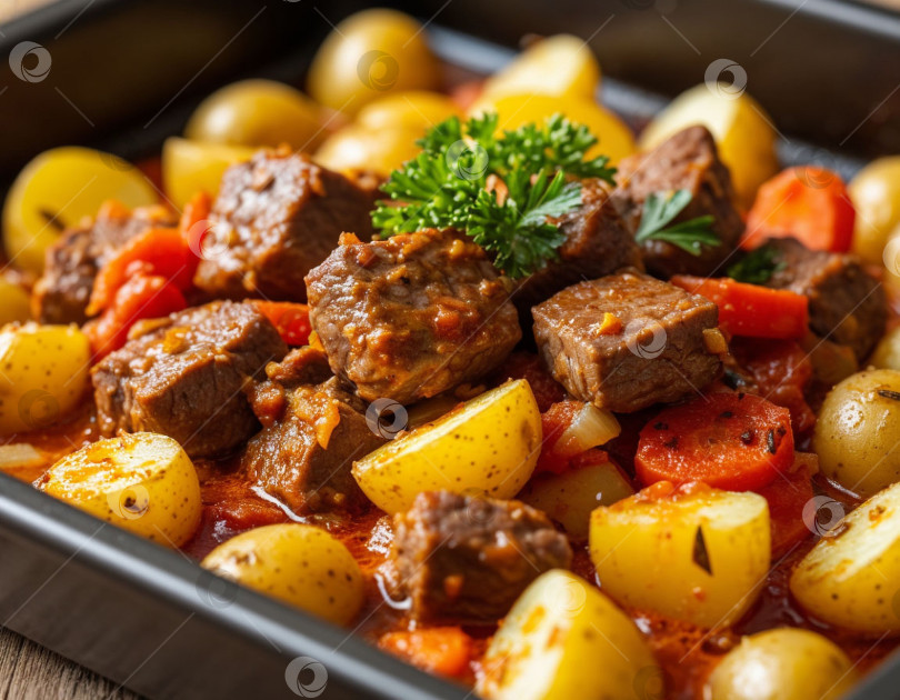 Скачать Картофель, тушенный с мясом на противне. Создан искусственный интеллект фотосток Ozero