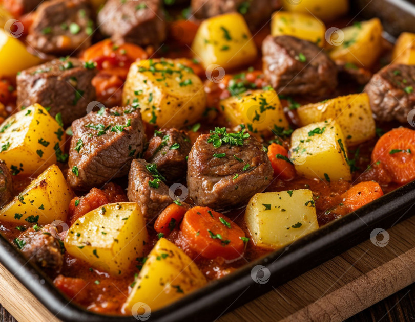 Скачать Картофель, тушеный с мясом на противне. Создан искусственный интеллект фотосток Ozero