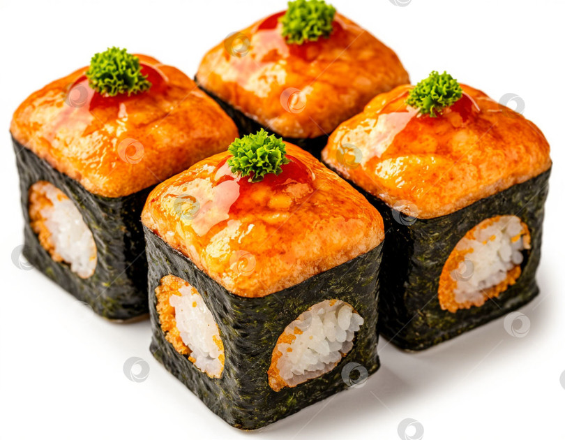Скачать Суши на белом фоне, японская кухня. Создан искусственный интеллект. фотосток Ozero