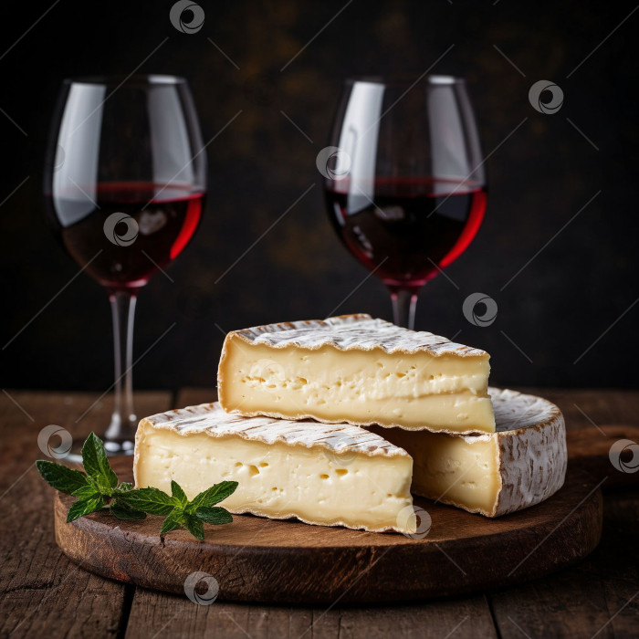 Скачать Бри с голубым сыром и бокалом вина. Создан искусственный интеллект. фотосток Ozero