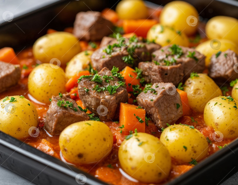 Скачать Картофель, тушенный с мясом на противне. Создан искусственный интеллект фотосток Ozero
