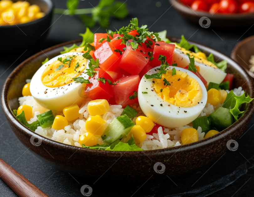 Скачать Салат с крабовыми палочками, яйцом, кукурузой и рисом. Создан искусственный интеллект. фотосток Ozero