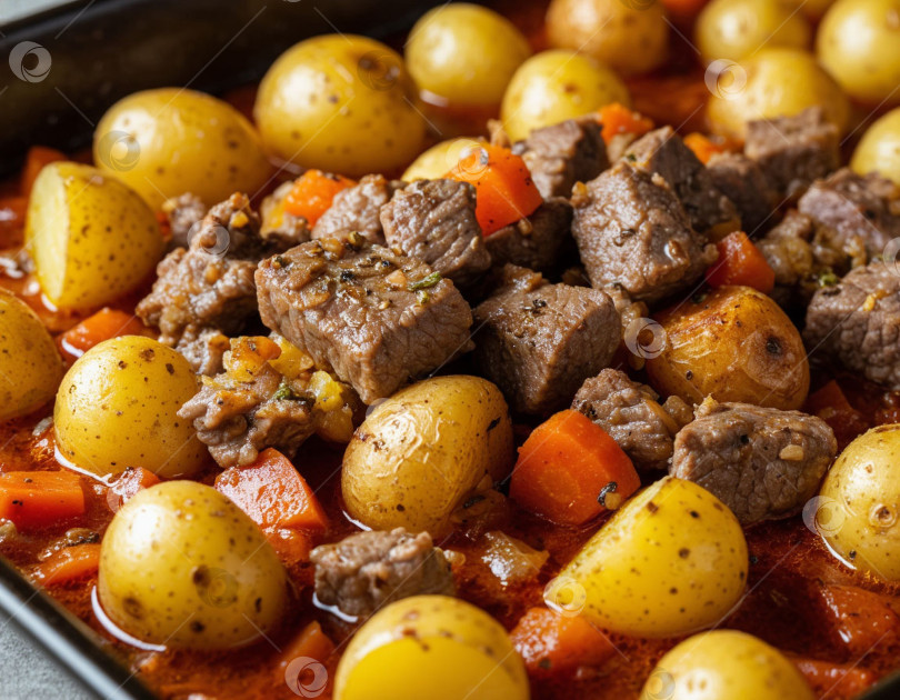 Скачать Картофель, тушенный с мясом на противне. Создан искусственный интеллект фотосток Ozero