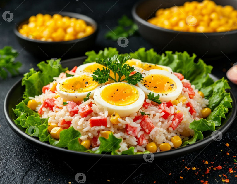 Скачать Салат с крабовыми палочками, яйцом, кукурузой и рисом. Создан искусственный интеллект. фотосток Ozero