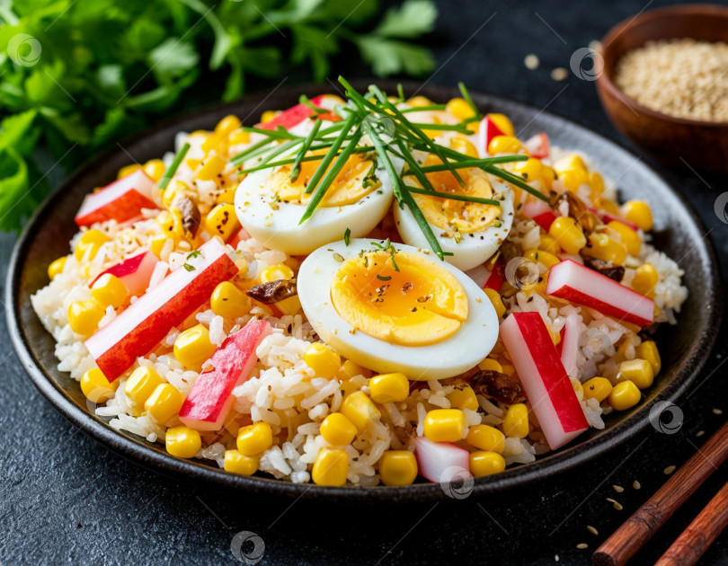 Скачать Салат с крабовыми палочками, яйцом, кукурузой и рисом. Создан искусственный интеллект. фотосток Ozero