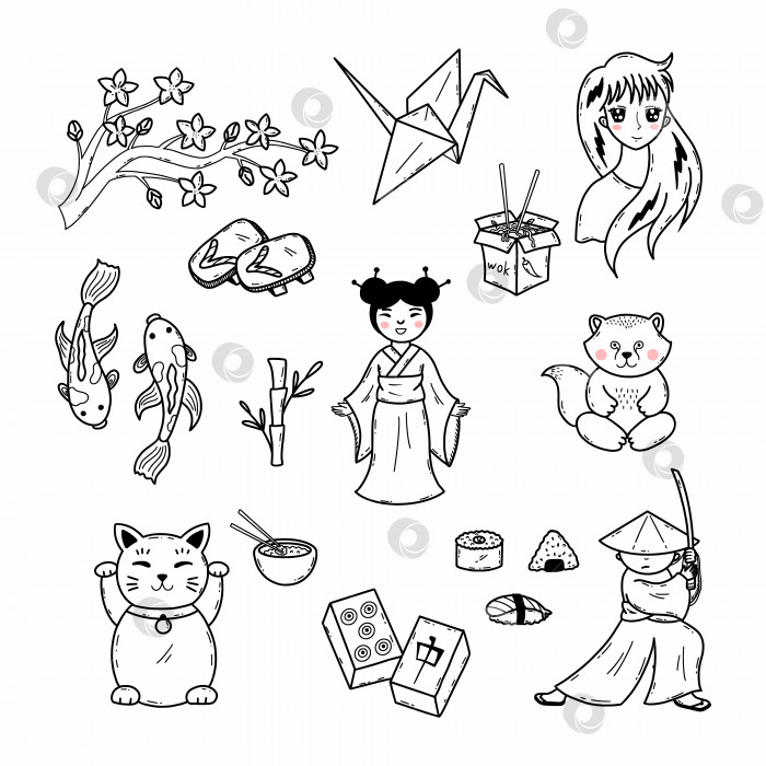 Скачать Японская культура. Набор иконок-каракулей на тему Японии. Самурай, кимоно, оригами и кошачья удача. фотосток Ozero