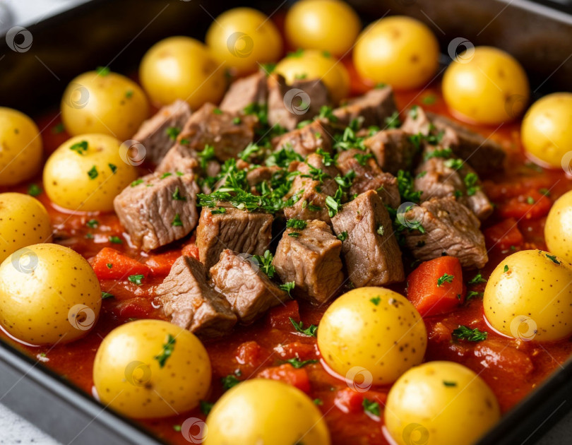 Скачать Картофель, тушенный с мясом на противне. Создан искусственный интеллект фотосток Ozero