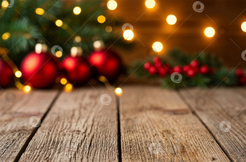 Скачать Новогодний деревянный стол и праздничный размытый фон. фотосток Ozero