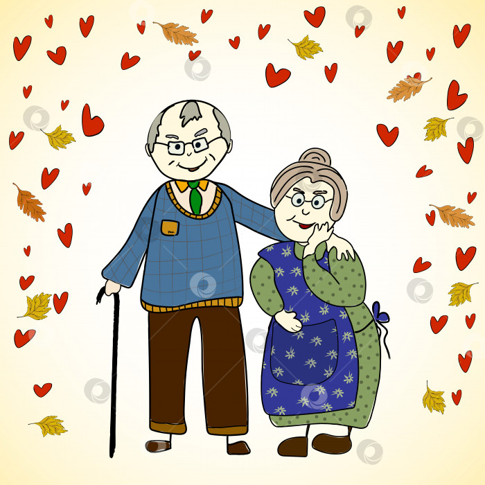 Скачать Пожилые бабушка и дедушка прижимаются друг к другу на фоне листьев и сердечек. Счастливая старость и любовь фотосток Ozero