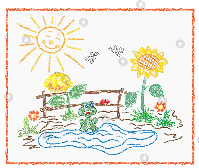 Скачать Детский рисунок карандашами в векторном формате. Лето, подсолнухи, солнце, лягушка в луже фотосток Ozero