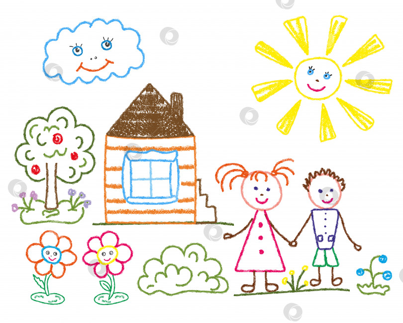 Скачать Детский карандашный рисунок на тему лета, дружбы, семьи. фотосток Ozero