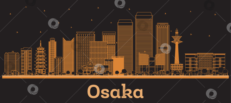 Скачать Обрисуйте горизонт японского города Осака с оранжевыми зданиями. Деловые поездки и концепция современной архитектуры. Городской пейзаж Осаки с достопримечательностями. фотосток Ozero