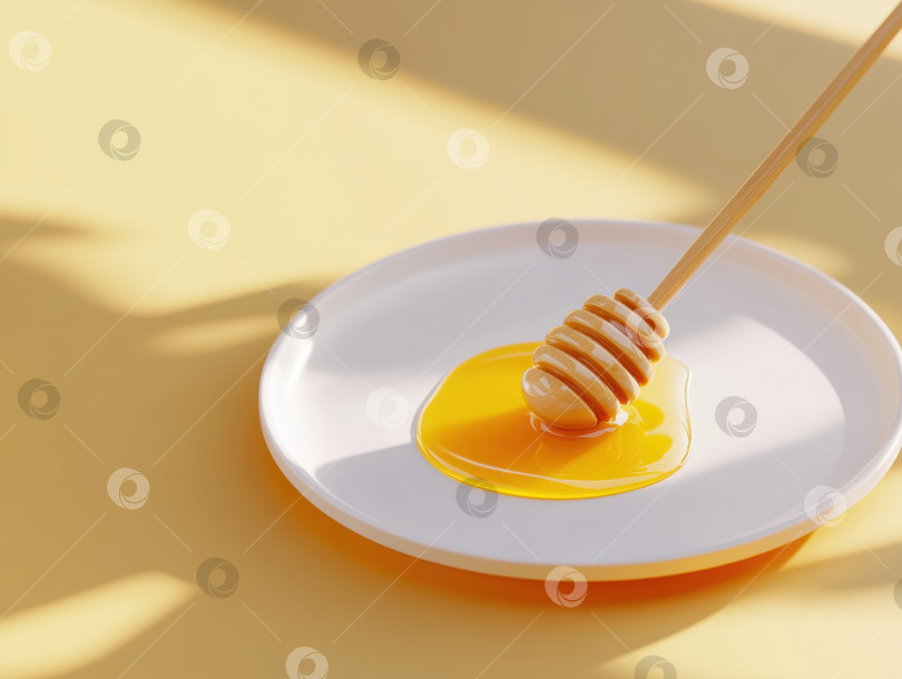 Скачать Минималистичный вид сверху на свежий мед, капающий из ковшика для меда на белую тарелку фотосток Ozero