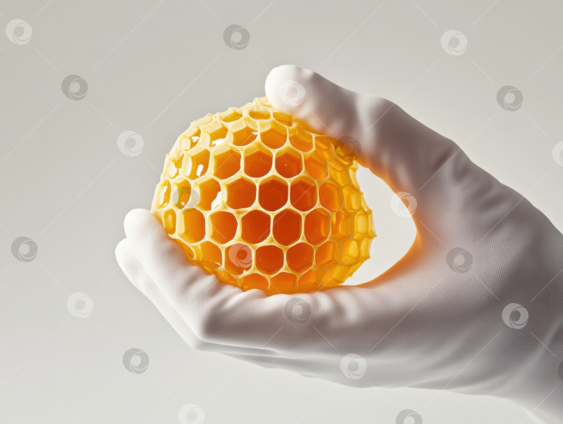 Скачать Рука пчеловода в перчатке держит сотовую сферу фотосток Ozero