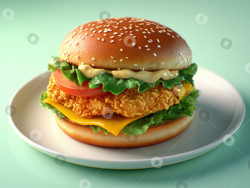 Скачать Ультрареалистичный хрустящий сэндвич с курицей на тарелке в дизайне для маркетинга продуктов питания фотосток Ozero