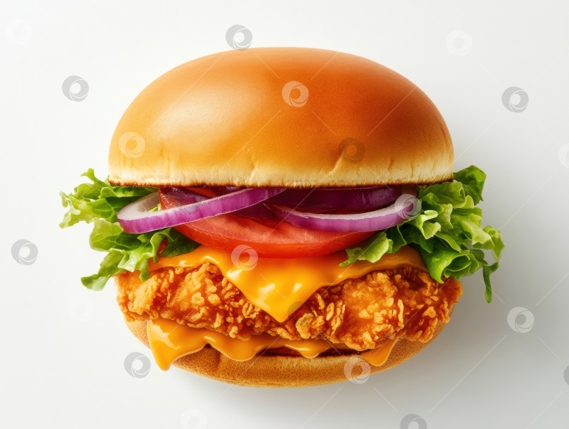 Скачать Минималистичное и ультрареалистичное изображение хрустящего сэндвича с курицей, сыром и овощами фотосток Ozero