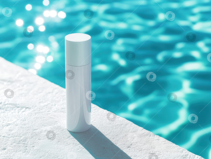 Скачать Ультрареалистичный белый флакон косметики у бассейна. Высококачественный продукт, снятый для рекламы косметики и средств по уходу за кожей фотосток Ozero
