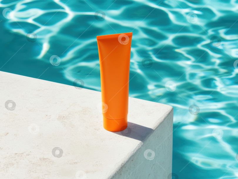 Скачать Ярко-оранжевое трубчатое изделие у бассейна для летнего ухода за кожей или косметического дизайна фотосток Ozero