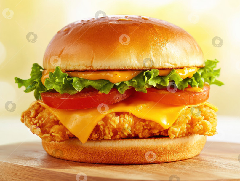 Скачать Золотистый хрустящий куриный бургер с листьями салата и помидорами для гурманов фотосток Ozero