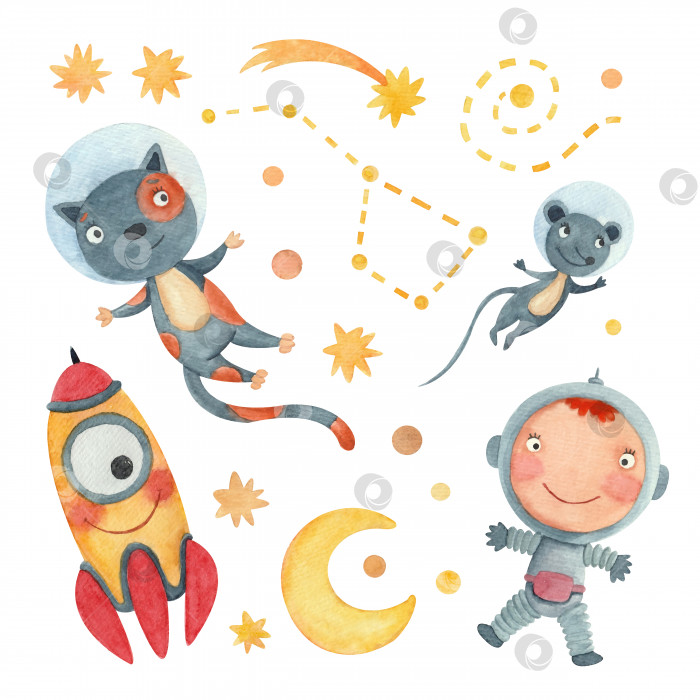 Скачать набор мультяшных акварельных иллюстраций с мальчиком, котом и мышкой-космонавтами фотосток Ozero