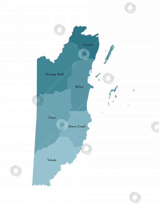 Скачать Векторная изолированная иллюстрация упрощенной административной карты Белиза. Границы и названия районов (областей). Красочные силуэты синего цвета цвета хаки фотосток Ozero