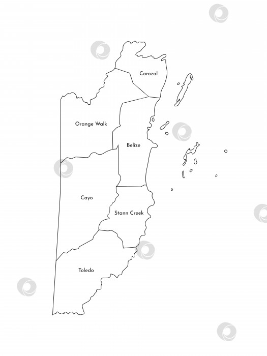 Скачать Векторная изолированная иллюстрация упрощенной административной карты Белиза. Границы и названия районов (областей). Черные силуэты линий фотосток Ozero