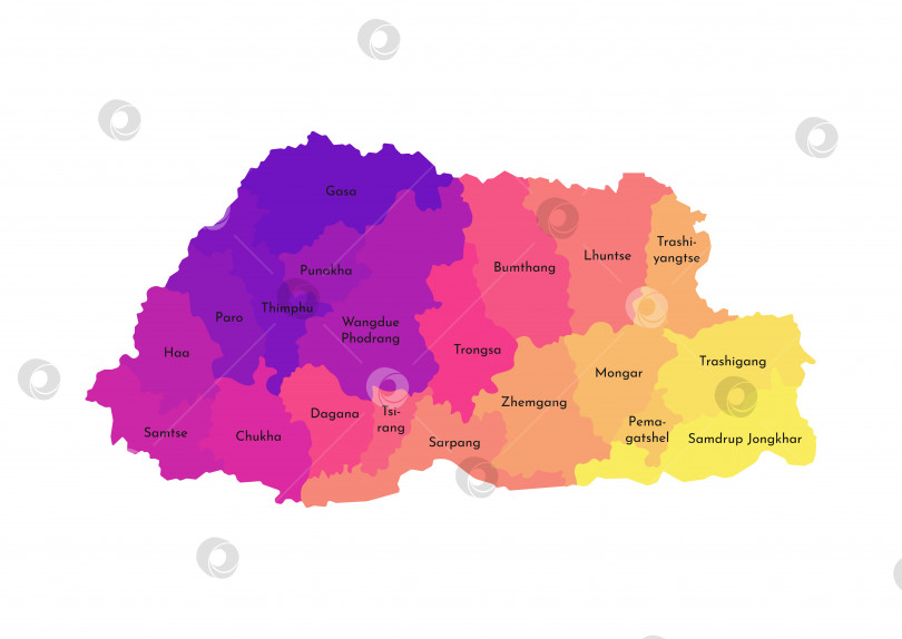 Скачать Векторная изолированная иллюстрация упрощенной административной карты Бутана. Границы и названия регионов. Разноцветные силуэты фотосток Ozero