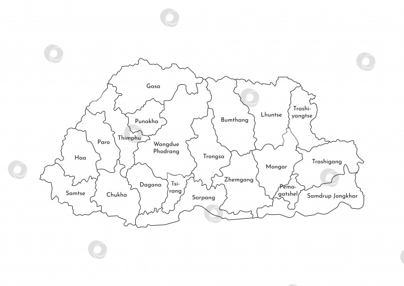 Скачать Векторная изолированная иллюстрация упрощенной административной карты Бутана. Границы и названия регионов. Черные силуэты линий фотосток Ozero