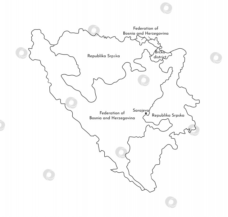 Скачать Векторная изолированная иллюстрация упрощенной административной карты Боснии и Герцеговины. Границы и названия регионов. Черные силуэты линий фотосток Ozero