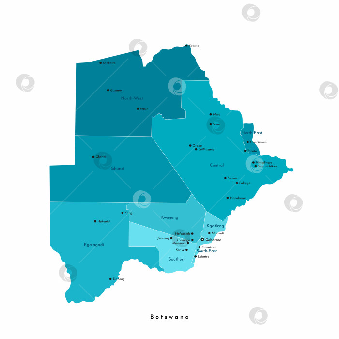 Скачать Векторная современная изолированная иллюстрация. Упрощенная административная карта Ботсваны. Названия крупных городов и районов (областей). Белый фон фотосток Ozero