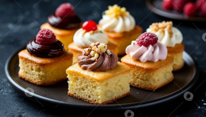 Скачать Крошечные бисквитные пирожные Petits fours, на темном фоне, профессиональная фотография, сгенерированная искусственным интеллектом. фотосток Ozero