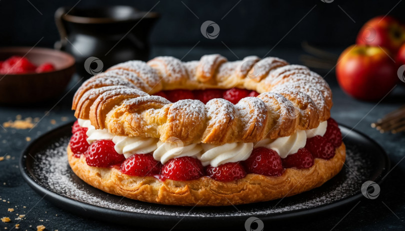 Скачать Торт "Париж-Брест" (Le Paris-Brest), на темном фоне, профессиональная фотография, искусственный интеллект. фотосток Ozero