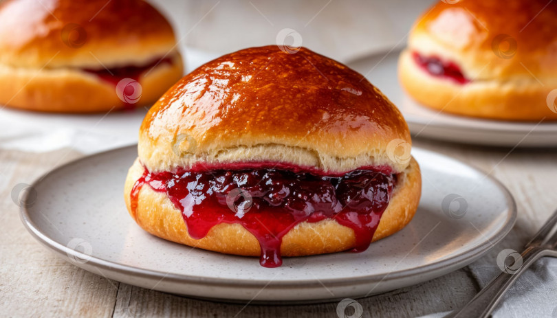 Скачать Сладкая булочка-бриошь с начинкой из джема, на столе, на светлом фоне, профессиональная фотография, созданный искусственный интеллект. фотосток Ozero
