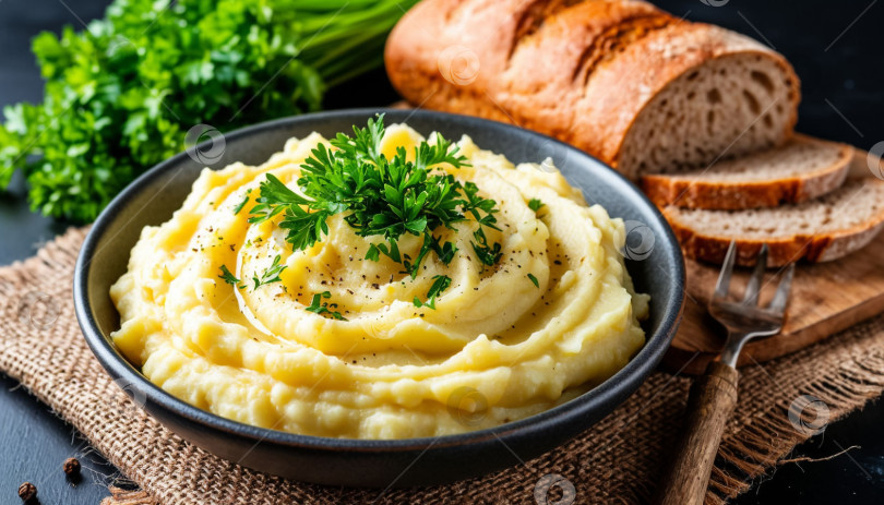 Скачать Картофельное пюре с зеленью на столе и ржаной хлеб без глютена, на холсте, на черном фоне, профессиональная фотография, созданный искусственный интеллект. фотосток Ozero