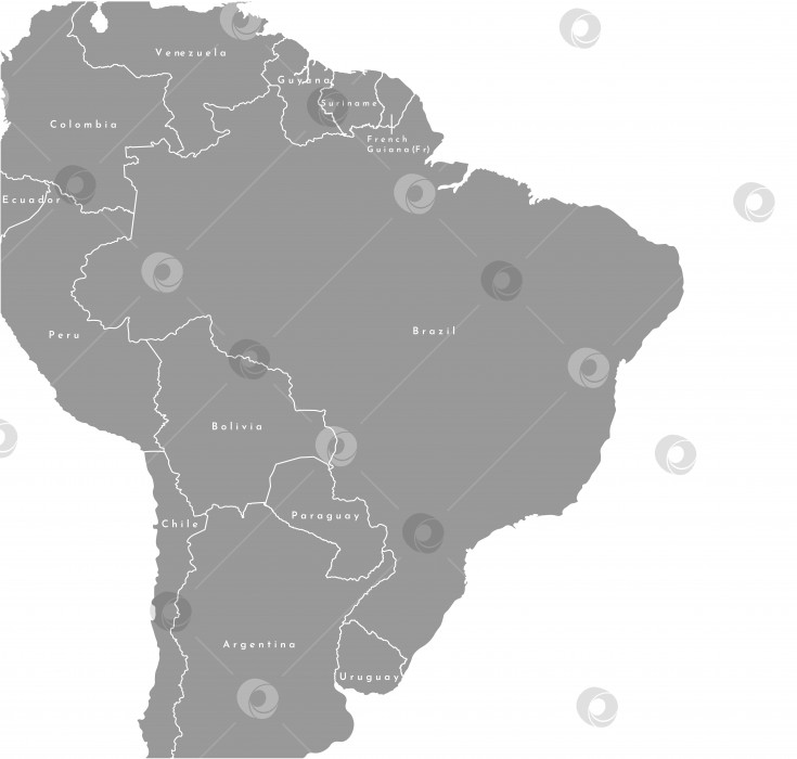Скачать Векторная современная изолированная иллюстрация. Упрощенная политическая карта Бразилии и ближайших государств (Перу, Колумбия, Венесуэла, Боливия и другие). Белый фон океанов. фотосток Ozero