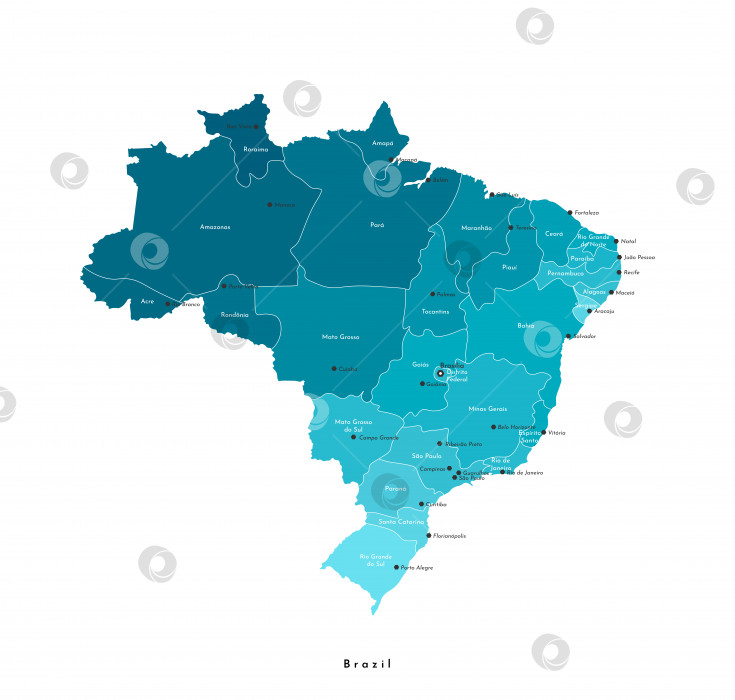 Скачать Векторная современная изолированная иллюстрация. Упрощенная административная карта Бразилии.  Названия бразильских городов (Бразилиа, Сан-Паулу, Рио-де-Жанейро и т.д.) и бразильских штатов. Белый фон фотосток Ozero