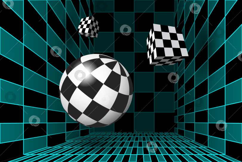 Скачать Цифровая клетчатая комната с 3D-фигурами фотосток Ozero