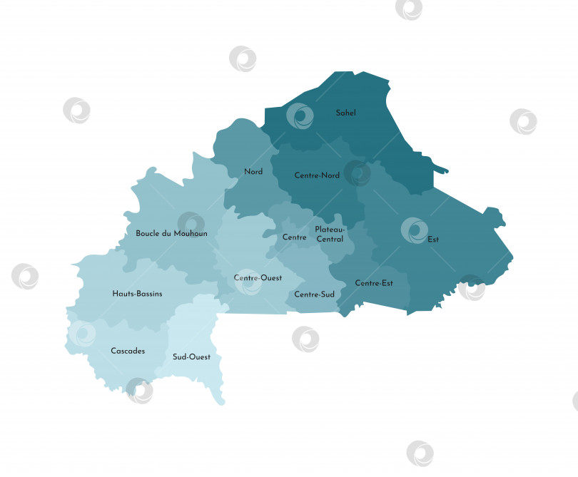 Скачать Векторная изолированная иллюстрация упрощенной административной карты Буркина-Фасо. Границы и названия регионов. Красочные силуэты синего цвета цвета хаки фотосток Ozero