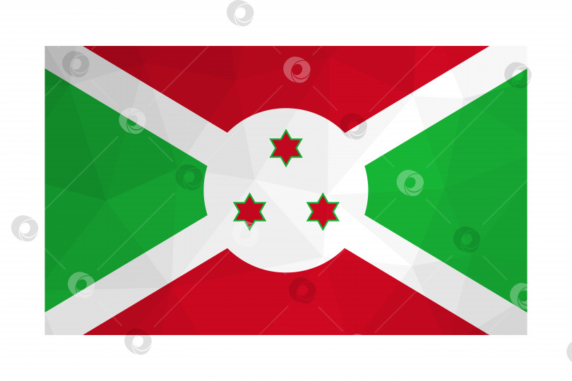 Скачать Векторная изолированная иллюстрация. Официальный символ Бурунди. Национальный флаг с зеленым, красным, белым цветами и шестиконечными звездами. Креативный дизайн в стиле low poly с треугольными формами. Градиентный эффект. фотосток Ozero