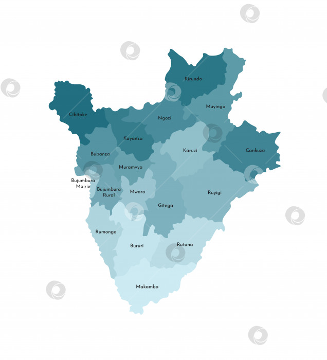 Скачать Векторная изолированная иллюстрация упрощенной административной карты Бурунди. Границы и названия провинций (регионов). Красочные силуэты синего цвета цвета хаки фотосток Ozero
