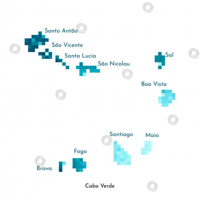 Скачать Векторная изолированная геометрическая иллюстрация с упрощенным льдисто-голубым силуэтом карты Зеленого Мыса (Cabo Verde). Стиль пиксельной графики для шаблона NFT. Точечный логотип с градиентной текстурой на белом фоне фотосток Ozero