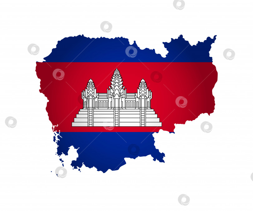 Скачать Векторная изолированная иллюстрация. Официальный знак на карте Камбоджи. Национальный флаг в красно-синем цвете с белым храмовым комплексом Ангкор-Ват фотосток Ozero