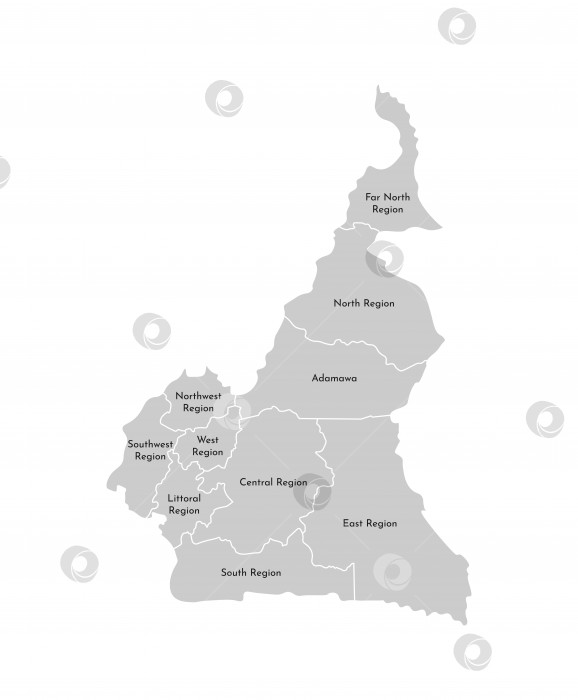 Скачать Векторная изолированная иллюстрация упрощенной административной карты Камеруна; Границы и названия регионов. Серые силуэты. Белый контур фотосток Ozero