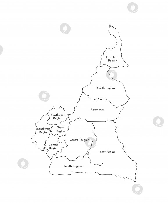 Скачать Векторная изолированная иллюстрация упрощенной административной карты Камеруна; Границы и названия регионов. Черные силуэты линий фотосток Ozero