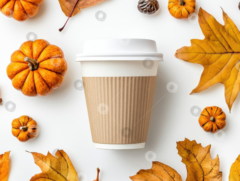 Скачать Осенний плоский макет с кофейной чашкой навынос для сезонных дизайнерских проектов фотосток Ozero