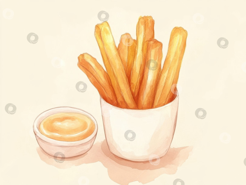 Скачать Стилизованная акварельная сцена десерта с изображением чуррос с соусом для обмакивания фотосток Ozero