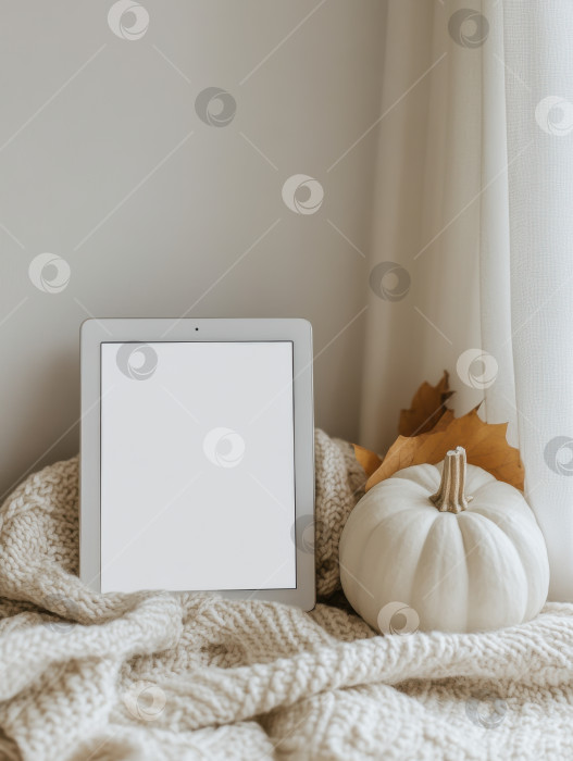 Скачать Макет планшета в пастельных тонах с вязаным одеялом и белой тыквой для осеннего декора и брендирования фотосток Ozero
